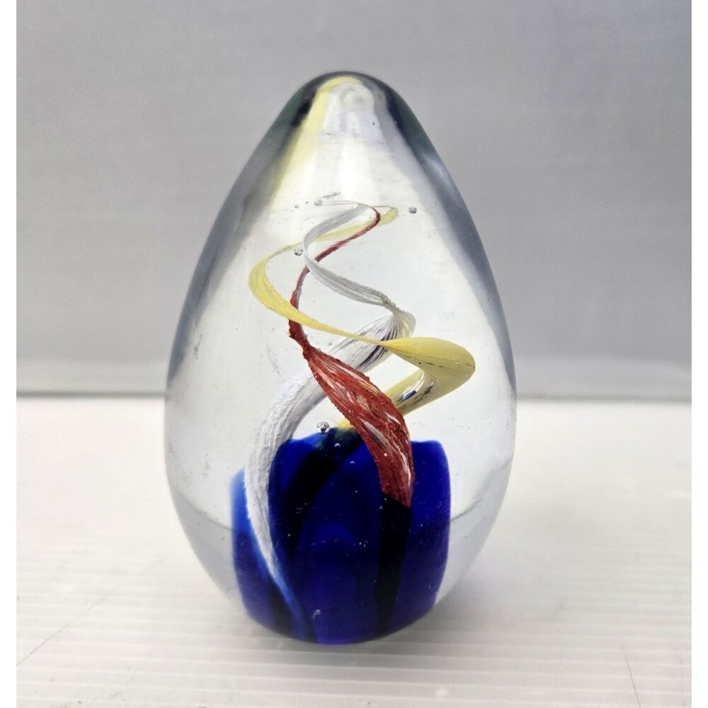 Spiral Art Glass Egg Shaped Paperweight Clear Glass Red Yellow White Blue 4"